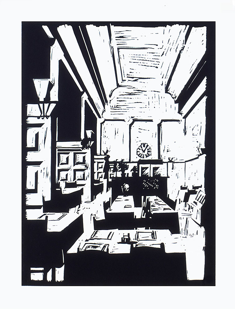 Linoleum cut print: station buffet, Basel, Switzerland